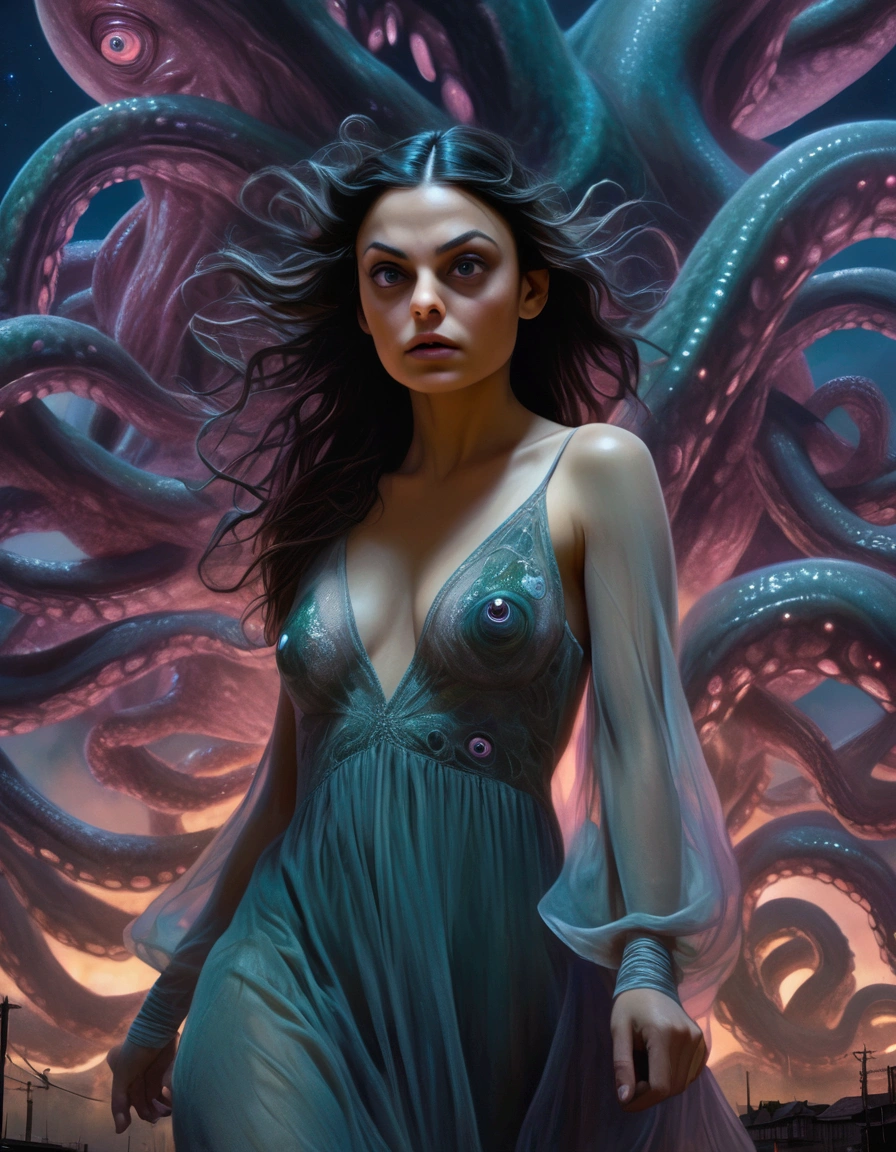 Mila Kunis, 25 years old, in a sheer nightgown, in a trance, being carried by giant slimy eldritch tentacles through a night sky, the tentacles emerging from a UFO, detailed portrait, beautiful detailed eyes, beautiful detailed lips, extremely detailed face, long eyelashes, realistic, cinematic lighting, dramatic shadows, glowing UFO, moody colors, muted tones, gothic, surreal, psychedelic, award winning, 8K, hyperrealistic, photorealistic, masterpiece