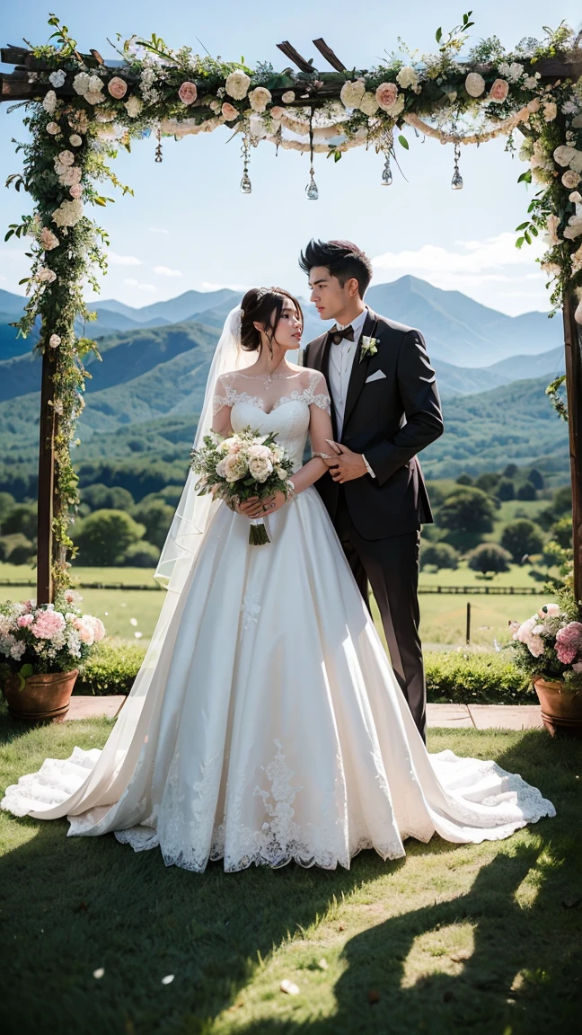 "Depict Chi-Chi on her wedding day from Dragon Ball Z, no having clothes,wearing her beautiful white wedding dress with intricate details, have massive k-cups, standing next to Goku under a floral arch with a picturesque mountain landscape behind them."