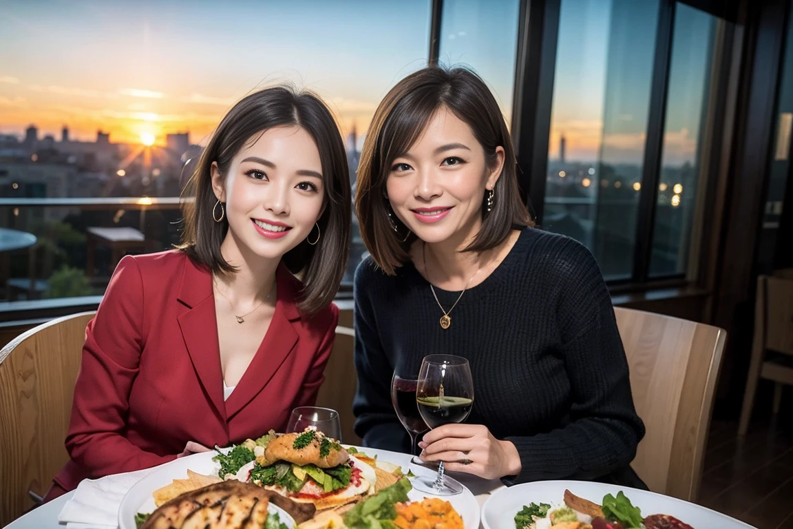 ((Highest quality、8k、masterpiece:1.3))、Slim Couple、Model Couple、(Realistic, Intricate details:1.2), full-course dinner、wine 、Amazing view of the sunset sky and clouds、A bright smile、The wonderfulness of smiles、Bright image、wineの美しさ, Beautiful Face, blue eyes, The light shines on your face, blush, short hair,Bright Face、 (Age 45), 48 years old, 赤wine 、Appetizers、Italian food、wine bottle、Champagne、スパークリングwine、Two beauties、Brown Hair、Shortcuts、Long sleeve shirt、dress、Two beautiful women