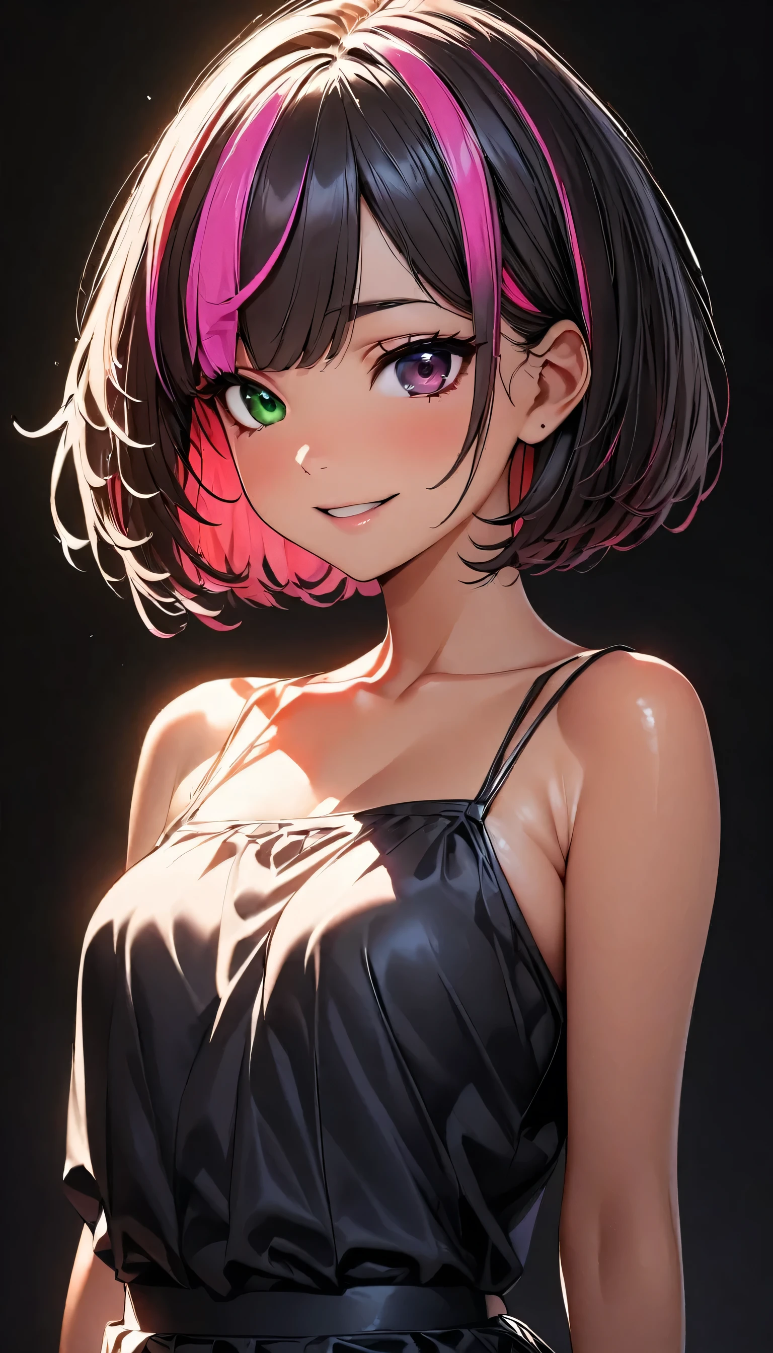(highest quality:1.2, Very detailed, up to date, Vibrant, Ultra-high resolution, High Contrast, masterpiece:1.2, highest quality, Best aesthetics), Portraiture、girl、solo, (25-years-old:1), slim, heterrochromia, green eye, red eye, Bright colors、Beautiful fine details、Beautiful lip detail、extra short hair, ((bob cut:1.5))、pink and purple, ((streaked hair:1.9)), (highlights hair: 1.6), ( black Satin Camisole Set:1), (medium breast:0.7), (tan skin:0.5), (happy:1), standing, Front facing, (No background:1.4), ((Plain white background:1.3)), (cowboy shot:1.6), look at viewer