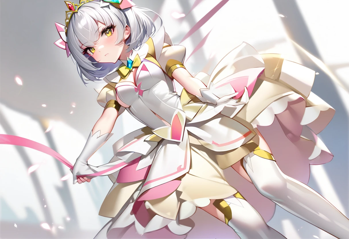 cure holy(magical girl, cool beauty, middle breast, tiara, short hair, silver hair, gold eyes, simple white dress, white long boots, white opera gloves), tracing(hold out one hand)