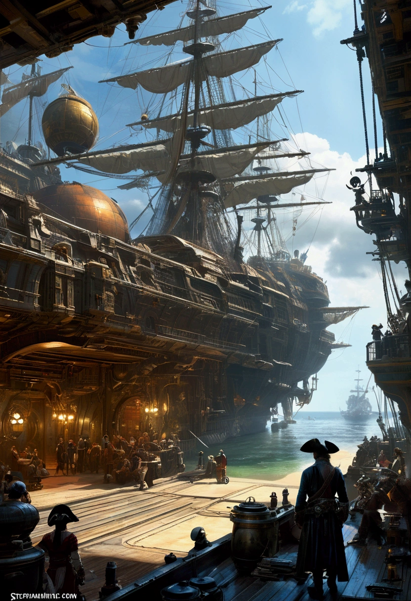 Pirate War, astropunk, science fiction, by Stephan Martiniere, cinematic still, chiaroscuro, dynamic, (best quality, masterpiece, photorealistic), very aesthetic, perfect composition, intricate details, ultra-detailed, vivid colors