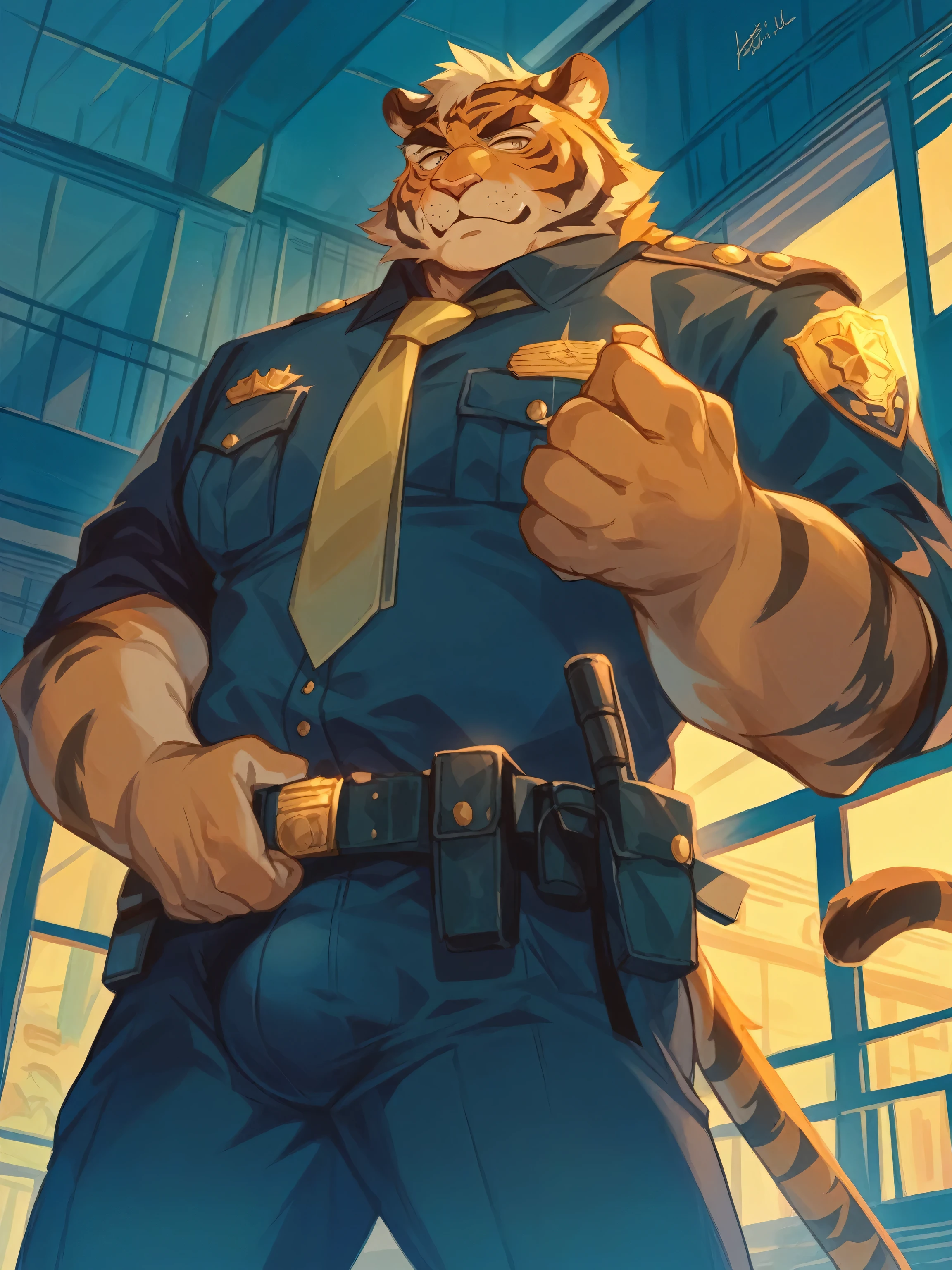 Tiger Orc Police Chief，Fluffy all over，Tall and fat，Sagging cheeks，Sly and flattering eyes，Full of smiles，Brand new exquisite police uniform，Crotch bulge，The image of a pampered bureaucrat，full-body shot，细Rich Festival，indoor environment，Warm colors，Wide-angle lens，Soft side light，Slow shutter，Confidence attitude，Symbol of power，Bureaucratic atmosphere。Rich Festival，indoor environment，Warm colors，Wide-angle lens，Soft side light，Slow shutter，confidence
