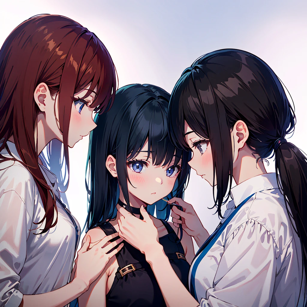 {{{Masterpiece, highest quality, high resolution background}}}, bright and beautiful atmosphere, 3 girls (2 , 1 short-tempered round face), small breasts, girl having her hair styled by a hairdresser at a beauty salon , "deltamon_sdXL :0.73)>Deltamon"