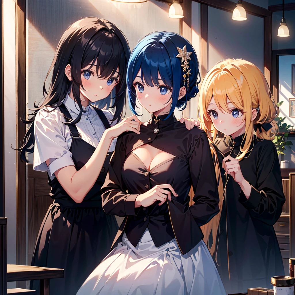 {{{Masterpiece, highest quality, high resolution background}}}, bright and beautiful atmosphere, 3 girls (, 1 short-tempered round face), small breasts, girl having her hair styled by a hairdresser at a beauty salon , "deltamon_sdXL :0.73)>Deltamon"