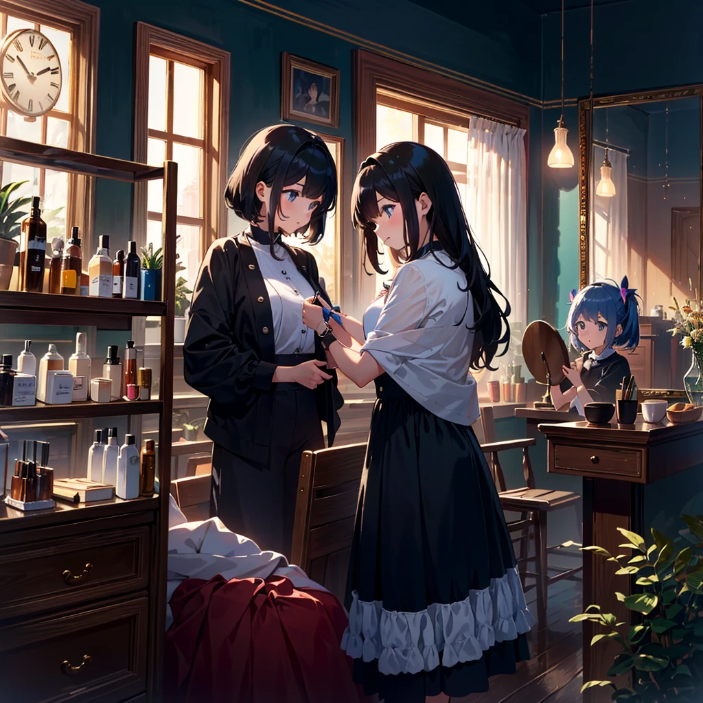{{{Masterpiece, highest quality, high resolution background}}}, bright and beautiful atmosphere, 3 girls (, 1 short-tempered round face), small breasts, girl having her hair styled by a hairdresser at a beauty salon , "deltamon_sdXL :0.73)>Deltamon"