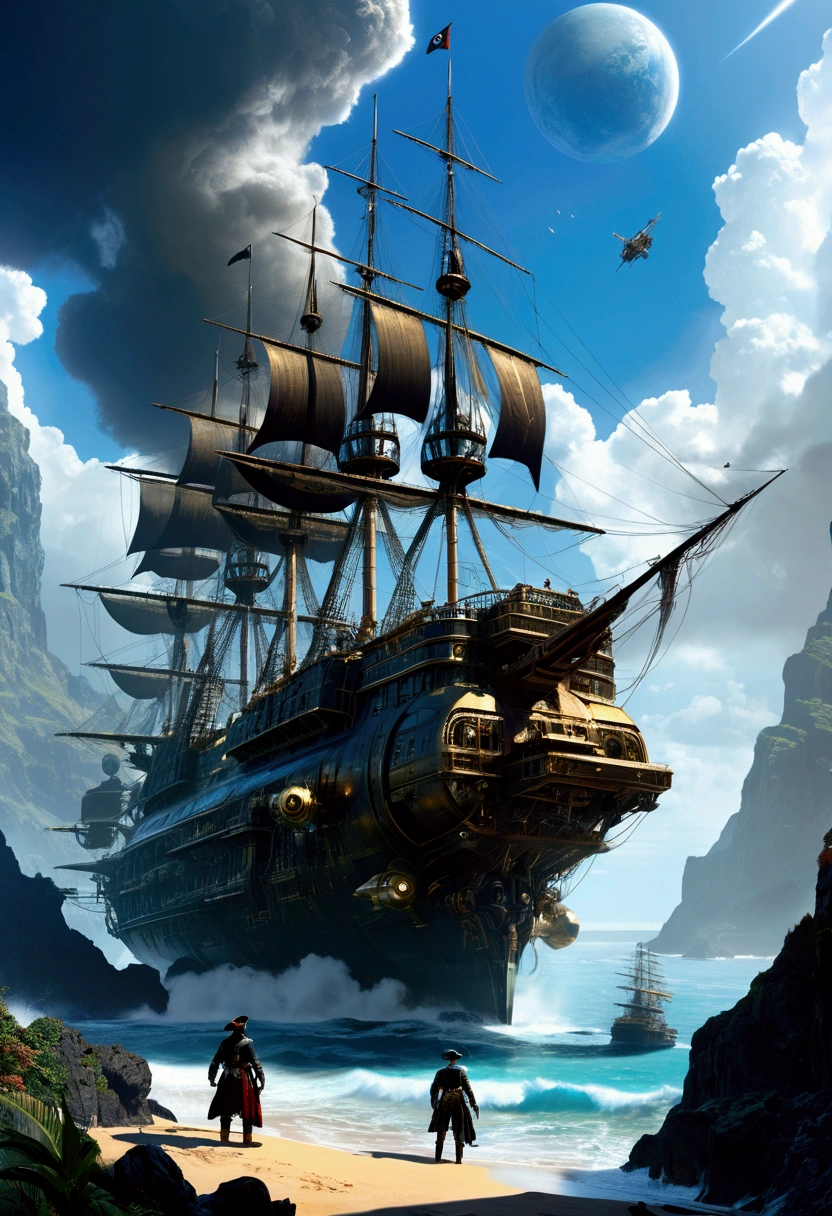 Pirate War, astropunk, science fiction, by Stephan Martiniere, cinematic still, chiaroscuro, dynamic, (best quality, masterpiece, photorealistic), very aesthetic, perfect composition, intricate details, ultra-detailed, vivid colors