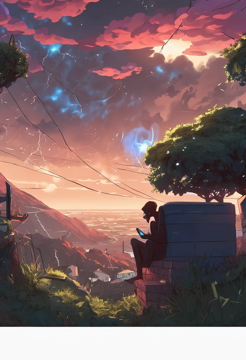 A picture of a student sitting by the window staring out the window，There are books on the desk，A mysterious black hole appears in the sky outside the window，Lightning and thunder in the black hole，8K