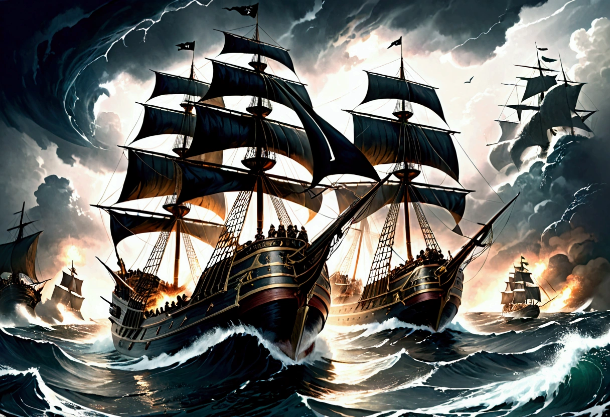 a pirate ship in a fierce battle, massive ship-to-ship combat, dramatic clouds, crashing waves, cannon fire, pirates fighting with swords and guns, detailed pirate crew members, realistic water effects, dramatic lighting, cinematic composition, muted color palette, dark and moody atmosphere