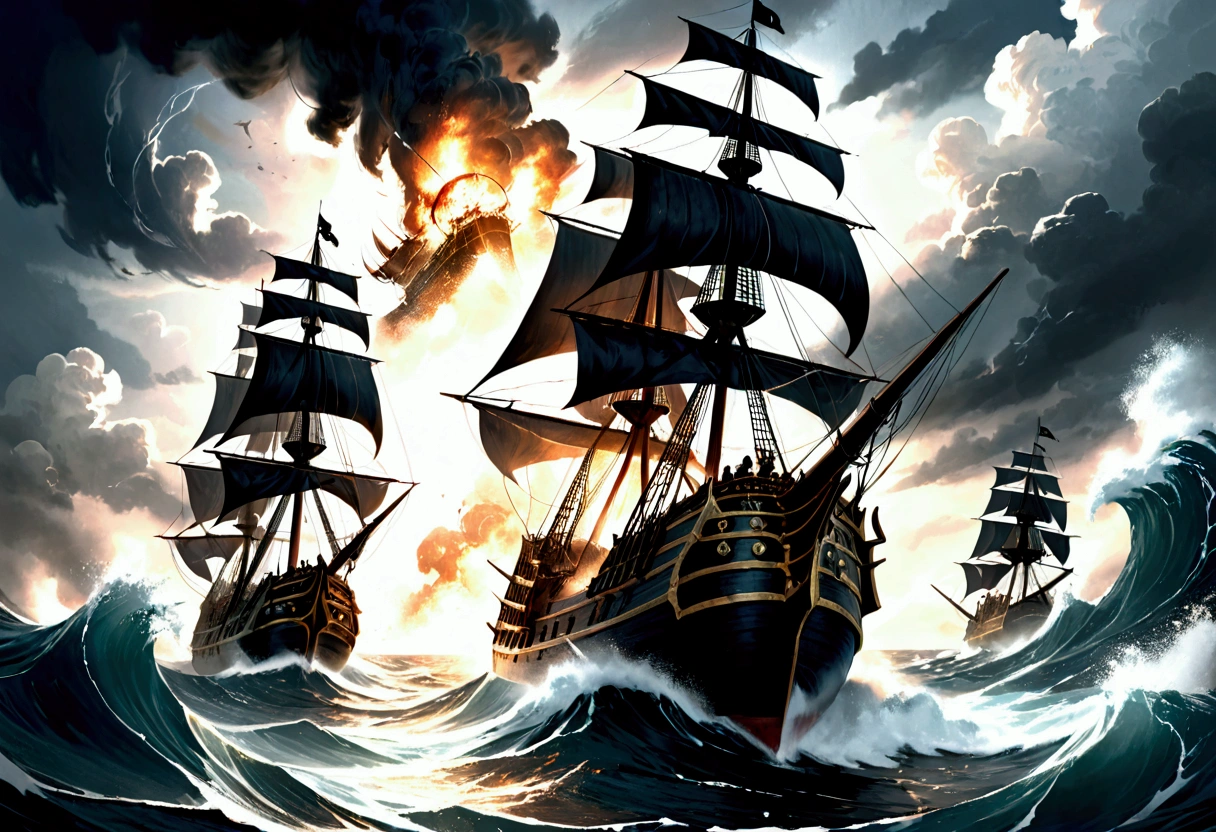 a pirate ship in a fierce battle, massive ship-to-ship combat, dramatic clouds, crashing waves, cannon fire, pirates fighting with swords and guns, detailed pirate crew members, realistic water effects, dramatic lighting, cinematic composition, muted color palette, dark and moody atmosphere