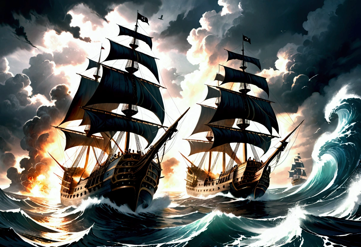 a pirate ship in a fierce battle, massive ship-to-ship combat, dramatic clouds, crashing waves, cannon fire, pirates fighting with swords and guns, detailed pirate crew members, realistic water effects, dramatic lighting, cinematic composition, muted color palette, dark and moody atmosphere