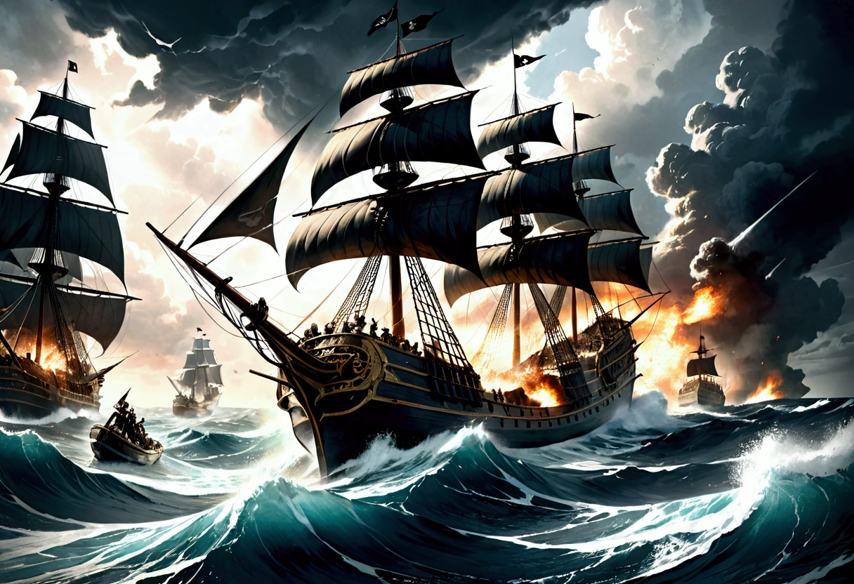 a pirate ship in a fierce battle, massive ship-to-ship combat, dramatic clouds, crashing waves, cannon fire, pirates fighting with swords and guns, detailed pirate crew members, realistic water effects, dramatic lighting, cinematic composition, muted color palette, dark and moody atmosphere