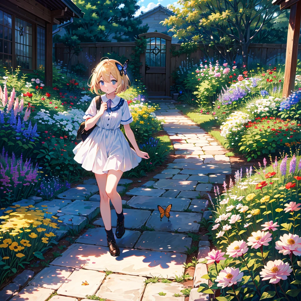 {{{Masterpiece, highest quality, high-resolution background}}}, bright and beautiful atmosphere, 3 girls (2 , 1 short-tempered round face), small breasts, garden full of various flowers, many beautiful butterflies Flying, a girl chasing a butterfly, a butterfly landing on a mini pig's head, a mini pig looking at flowers, "deltamon_sdXL :0.73) >Deltamon"