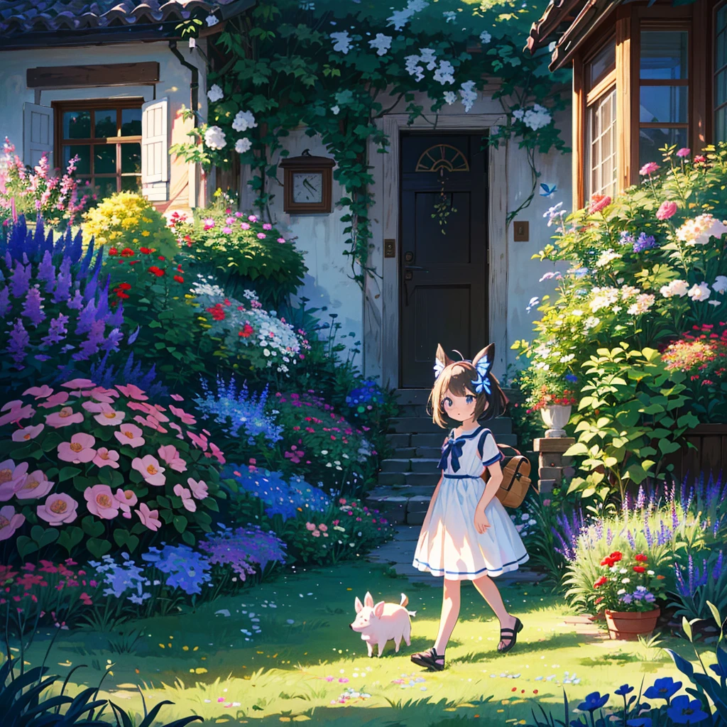 {{{Masterpiece, highest quality, high-resolution background}}}, bright and beautiful atmosphere, 3 girls (, 1 short-tempered round face), small breasts, garden full of various flowers, many beautiful butterflies Flying, a girl chasing a butterfly, a butterfly landing on a mini pig's head, a mini pig looking at flowers, "deltamon_sdXL :0.73) >Deltamon"
