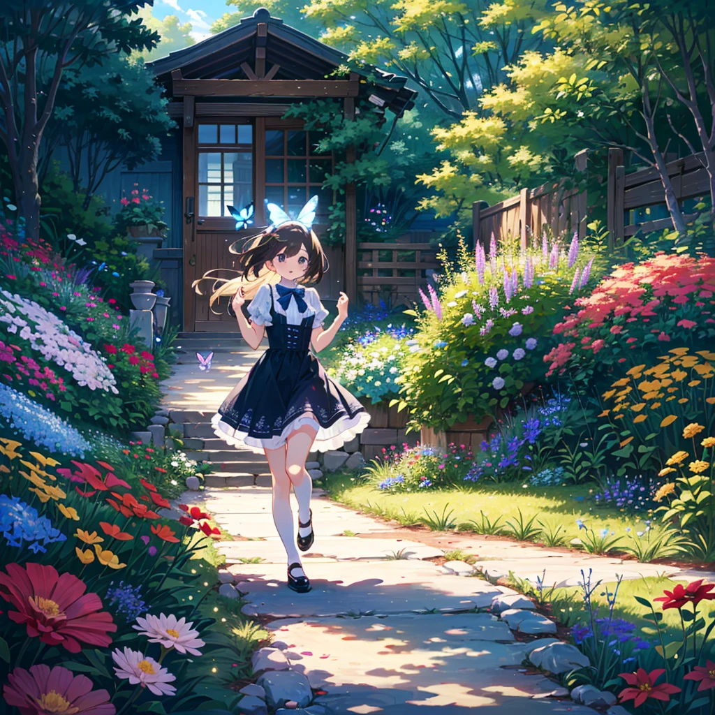 {{{Masterpiece, highest quality, high-resolution background}}}, bright and beautiful atmosphere, 3 girls (, 1 short-tempered round face), small breasts, garden full of various flowers, many beautiful butterflies Flying, a girl chasing a butterfly, a butterfly landing on a mini pig's head, a mini pig looking at flowers, "deltamon_sdXL :0.73) >Deltamon"