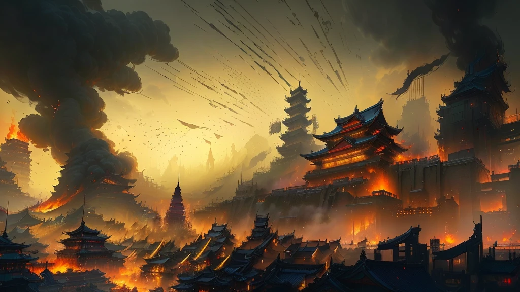 A city image shows,Fire in the city,Smoky, Cyberpunk Chinese Ancient Castle, An ancient city engulfed in fire, Beautiful rendering of the Tang Dynasty, Dota! Concept Art, Background artwork, Traditional Japanese concept art, Dota Concept Art, Andreas Rocha style, 《Medal of Honor》Character Concept Art, feudal japan art