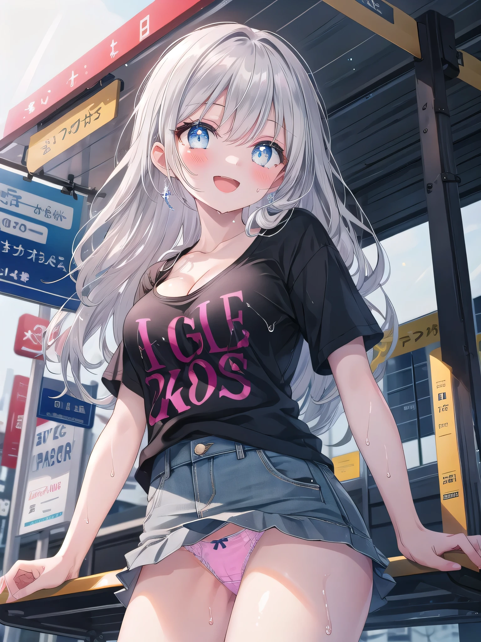 (8K, Highest Quality, Masterpiece:1.3)), Ultra High Quality, (1 girl, 1 person), (Color changing eyes, Ultra detailed, Expressive glow, Sparkling eyes), Very detailed eyes, Very detailed face, Random hair, (Silver gray color), Exposed, Split seat, Casual T-shirt with denim jumper skirt, Angle from below, (Cute panties:1.3), (Ecstatic expression:1.2), White skin, Seductive, Cleavage, Wet panties, Bus stop
