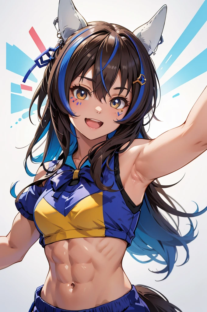 Object Helium \(Uma Musume\), ((Highly detailed face)), masterpiece, Highest quality, Detailed eyes, Official Art(Abdominal muscles), Horse tail, wallpaper, A light smile,Open your mouth