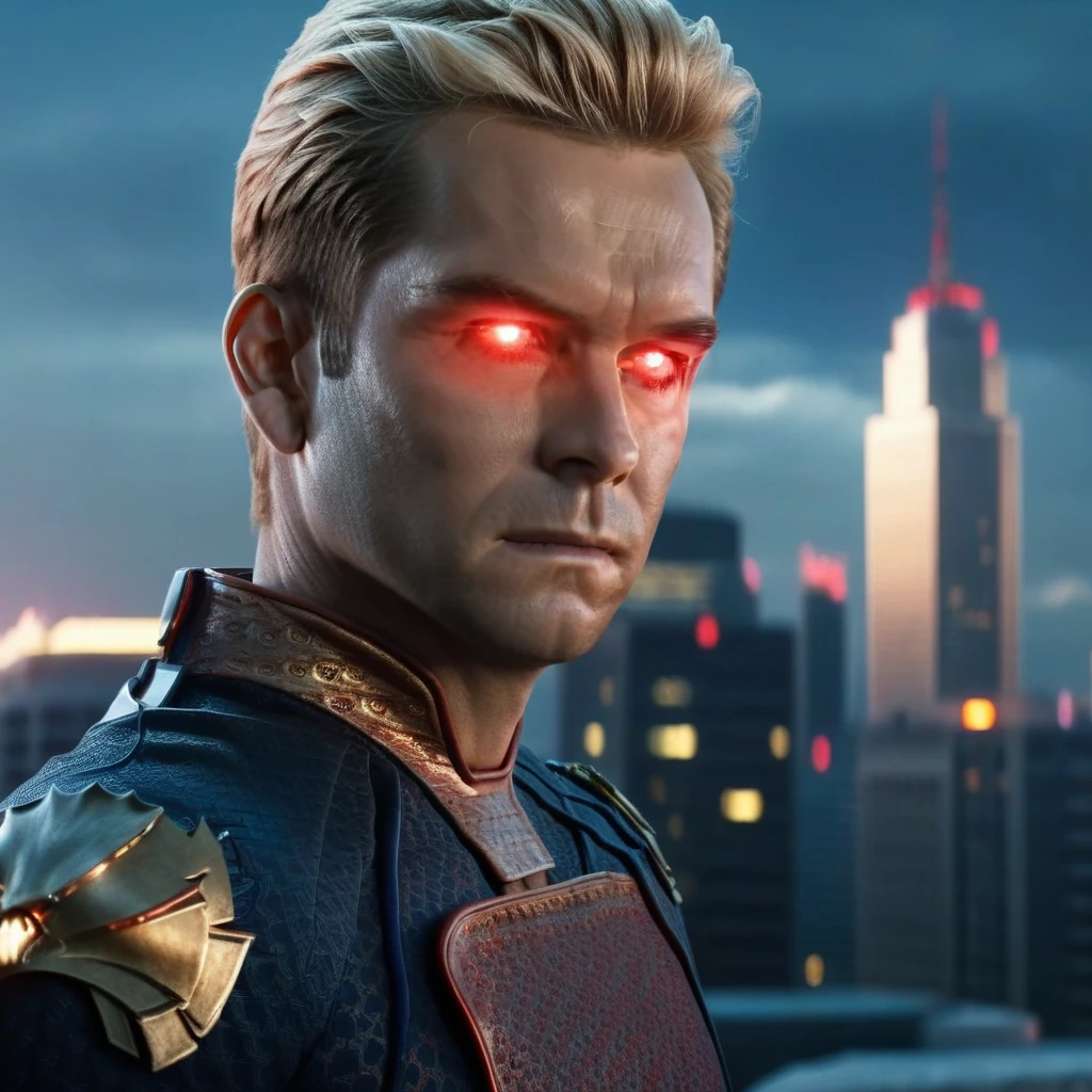 a powerful evil superhero homelander looking down at a city with a malicious gaze, red glowing eyes, preparing to unleash a laser beam, cinematic dramatic lighting, dark moody sci-fi atmosphere, highly detailed, 8k, photorealistic, award winning concept art