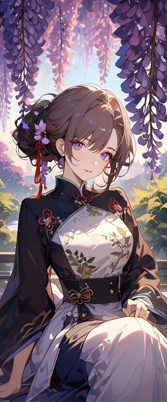 wisteria flower, wisteria tree, wisteria background, 8k ,4k , best quality, high quality, masterpiece, embroidery clothes, big chest, all kind of hairstyle, inspired by Asukaziye artist : ask, art style : ask