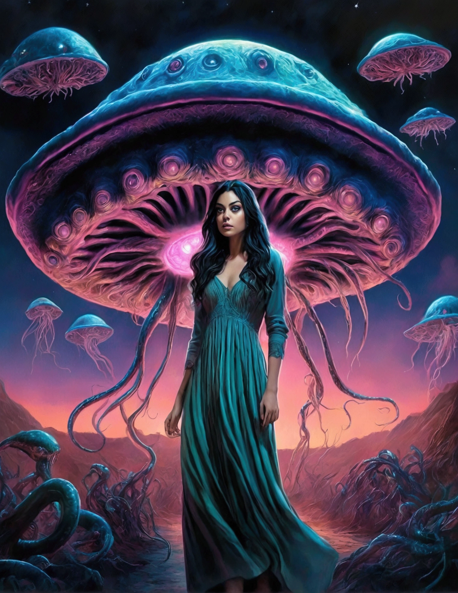 Mila Kunis, 25 years old, in a sheer nightgown, in a trance, being carried by giant slimy eldritch tentacles through a night sky, the tentacles emerging from a UFO, detailed portrait, beautiful detailed eyes, beautiful detailed lips, extremely detailed face, long eyelashes, realistic, cinematic lighting, dramatic shadows, glowing UFO, moody colors, muted tones, gothic, surreal, psychedelic, award winning, 8K, hyperrealistic, photorealistic, masterpiece
