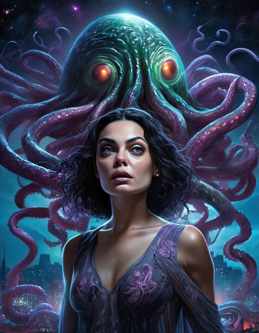 Mila Kunis, 25 years old, in a sheer nightgown, in a trance, being carried by giant slimy eldritch tentacles through a night sky, the tentacles emerging from a UFO, detailed portrait, beautiful detailed eyes, beautiful detailed lips, extremely detailed face, long eyelashes, realistic, cinematic lighting, dramatic shadows, glowing UFO, moody colors, muted tones, gothic, surreal, psychedelic, award winning, 8K, hyperrealistic, photorealistic, masterpiece
