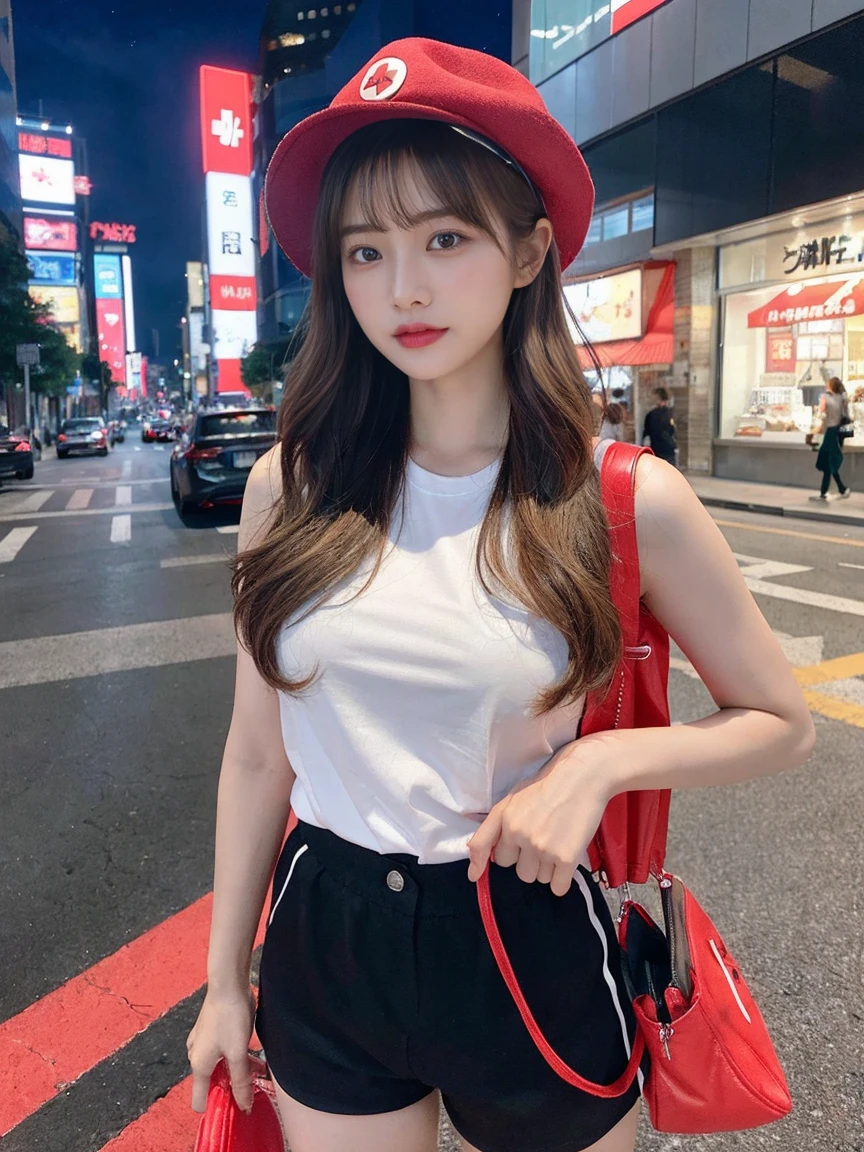 最high quality, masterpiece, 32K、Very detailed、Realistic、Four Girls, Japanese women、Cute Face, (photo Actual:1.3),Medium Hair(Blonde Hair Color、Great brown hairstyles)、Edge lighting, (Skin with attention to detail:1.2), 8k超High resolution, Single-lens reflex camera, high quality, High resolution, 4K, 8k, Optimal ratio of four fingers to one thumb, (Actual:1.3), cute Four Girls, Realistic、Super Realistic、32K、Very detailed、masterpiece, 最high quality, beautiful girl, beauty、Mecha, Beautiful lighting, (Neon Light:1.2), (night:1.5), K-POPアイドルコスチューム、Swiss flag design T-shirt、Red Cross T-shirt、Sleeveless outfit、Red shorts、Red shiny shorts、Large Breasts(big 、There is a valley)、Swiss Flag T-Shirt、Cowboy hat、cowboy red hat、Red waist pouch、Are standing、Cyber Neon、Future City、Skyscraper、都会のnight、Shanghai、big cities、night景、綺麗なnight景