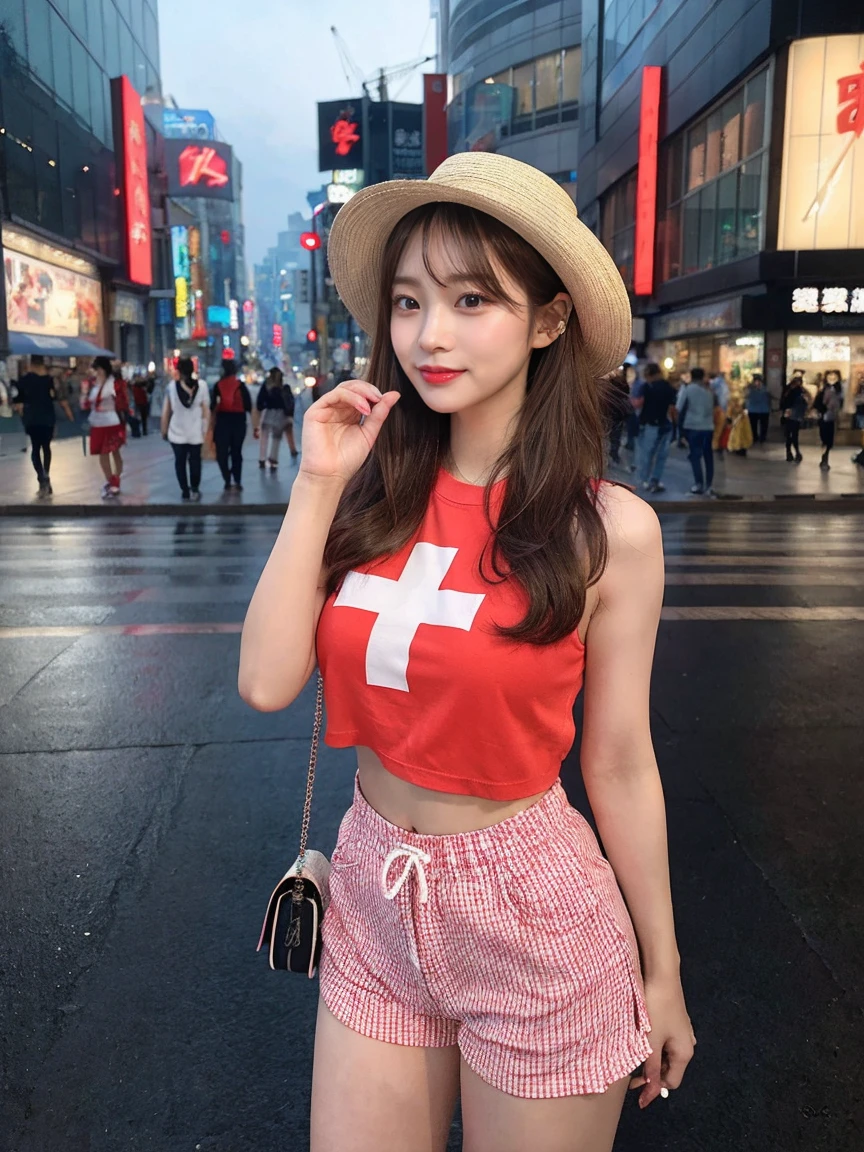 最high quality, masterpiece, 32K、Very detailed、Realistic、Four Girls, Japanese women、Cute Face, (photo Actual:1.3),Medium Hair(Blonde Hair Color、Great brown hairstyles)、Edge lighting, (Skin with attention to detail:1.2), 8k超High resolution, Single-lens reflex camera, high quality, High resolution, 4K, 8k, Optimal ratio of four fingers to one thumb, (Actual:1.3), cute Four Girls, Realistic、Super Realistic、32K、Very detailed、masterpiece, 最high quality, beautiful girl, beauty、Mecha, Beautiful lighting, (Neon Light:1.2), (night:1.5), K-POPアイドルコスチューム、Swiss flag design T-shirt、Red Cross T-shirt、Sleeveless outfit、Red shorts、Red shiny shorts、Large Breasts(big 、There is a valley)、Swiss Flag T-Shirt、Cowboy hat、cowboy red hat、Red waist pouch、Are standing、Cyber Neon、Future City、Skyscraper、都会のnight、Shanghai、big cities、night景、綺麗なnight景