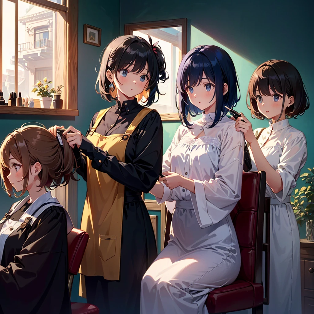 {{{Masterpiece, highest quality, high resolution background}}}, bright and beautiful atmosphere, 3 girls (2 years old, 1 short-tempered round face), small breasts, girl having her hair styled by a hairdresser at a beauty salon , "deltamon_sdXL :0.73)>Deltamon"