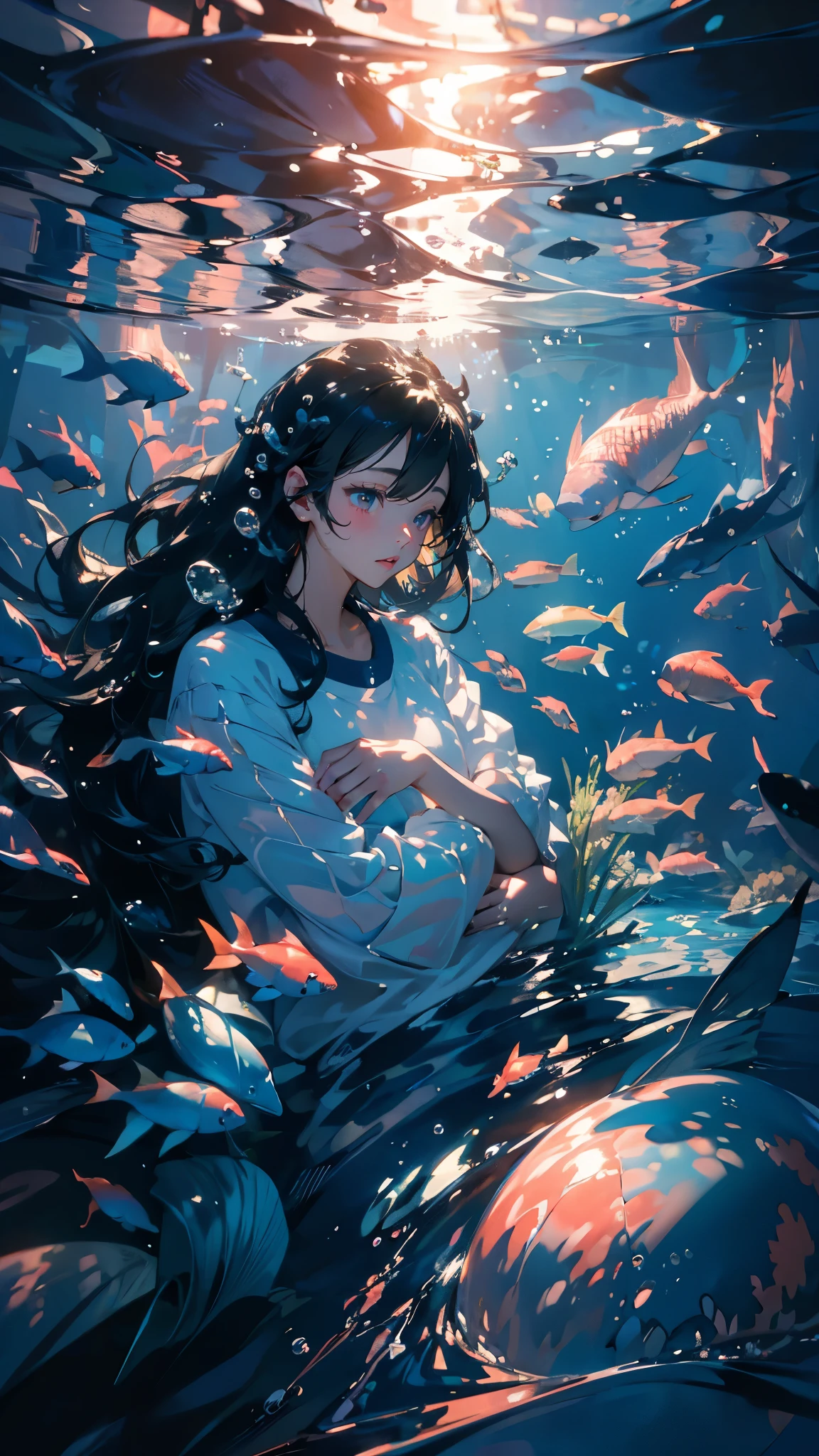 (masterpiece)、(Highest quality)、Very detailed、Perfect Face、(Solo upper body shot:1.3)、(In the water:1.4)、hugging own legs、Ocean、Coral Reef、Light、Bubble、from adove、Oceanの藻、(深Ocean:1.4)、Gym suit、Sitting with legs crossed、Ocean底、Floating objects、Black Hair、Long Hair、Swinging Hair
