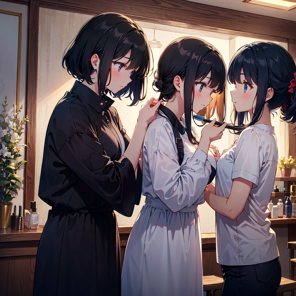{{{Masterpiece, highest quality, high resolution background}}}, bright and beautiful atmosphere, 3 girls (, 1 short-tempered round face), small breasts, girl having her hair styled by a hairdresser at a beauty salon , "deltamon_sdXL :0.73)>Deltamon"