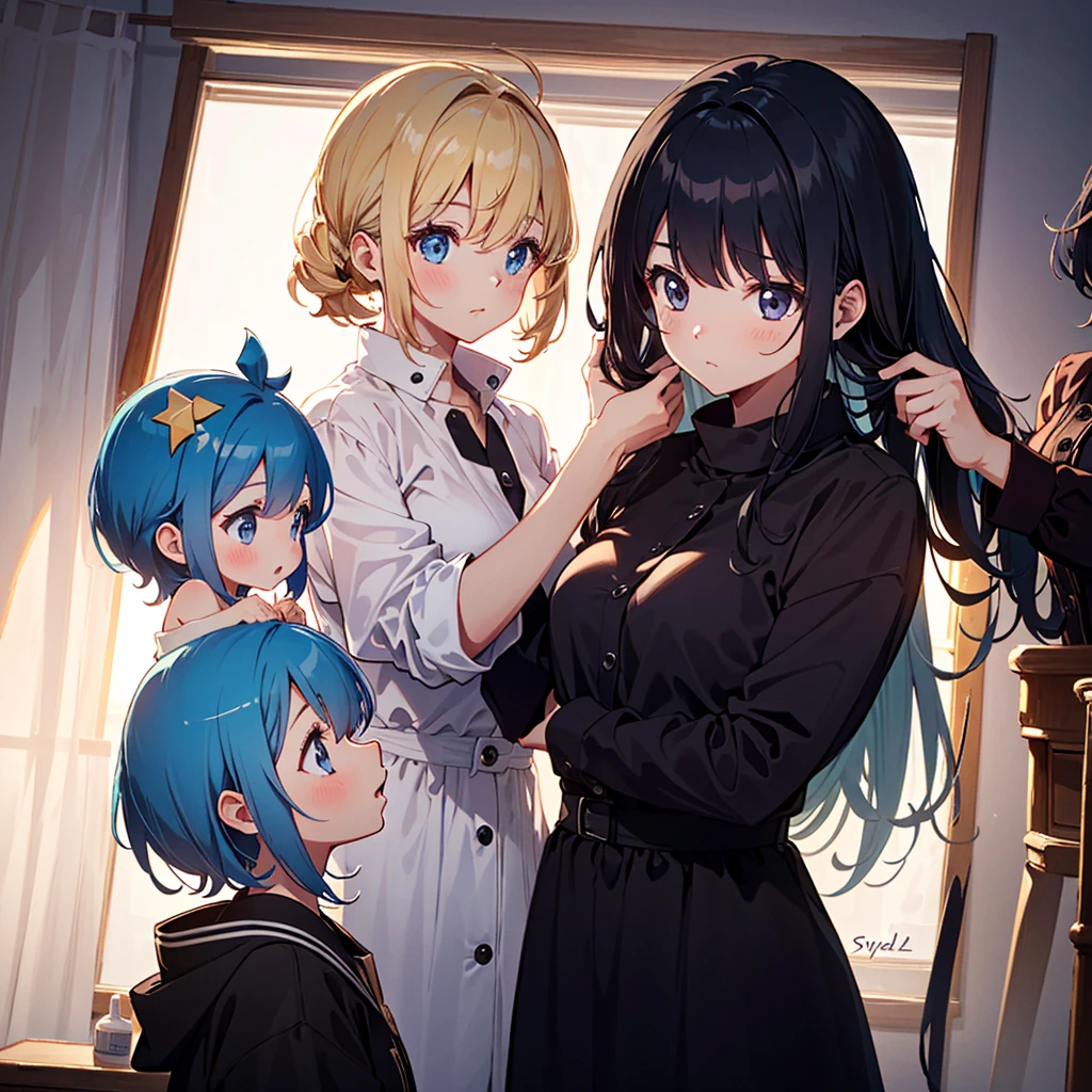 {{{Masterpiece, highest quality, high resolution background}}}, bright and beautiful atmosphere, 3 girls (2 years old, 1 short-tempered round face), small breasts, girl having her hair styled by a hairdresser at a beauty salon , "deltamon_sdXL :0.73)>Deltamon"