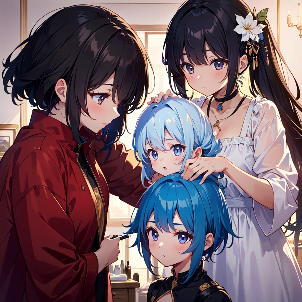 {{{Masterpiece, highest quality, high resolution background}}}, bright and beautiful atmosphere, 3 girls (, 1 short-tempered round face), small breasts, girl having her hair styled by a hairdresser at a beauty salon , "deltamon_sdXL :0.73)>Deltamon"