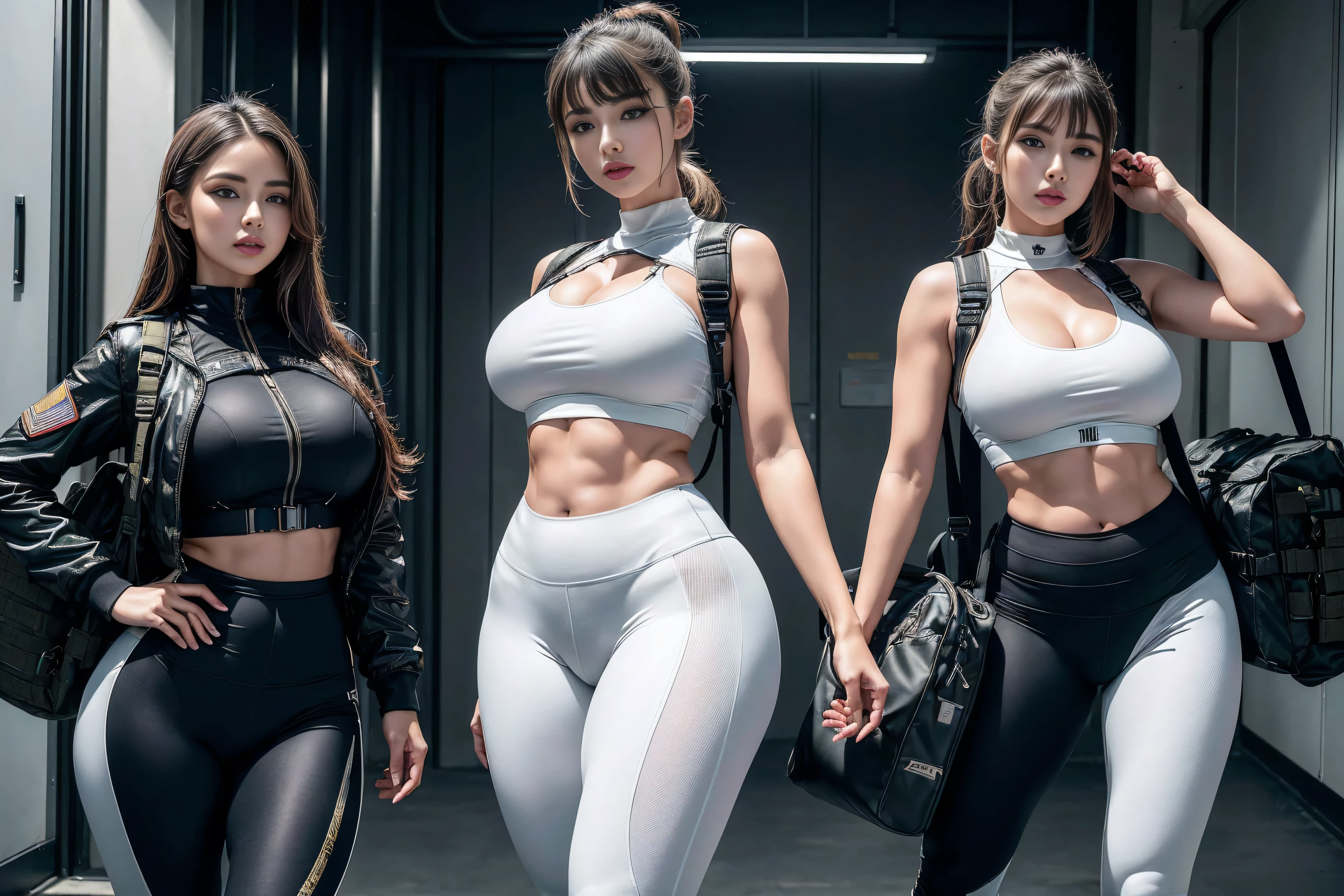 (Highest image quality, Outstanding details, Ultra-high resolution), 2 girls, put((A futuristic military look inspired by white yoga pants, Military wiring harness, Military Equipment,For example, military bag,)), (Glamorous characters, Curvy body, healthy, Tight abs), background(At military bases), (Dynamic poses)