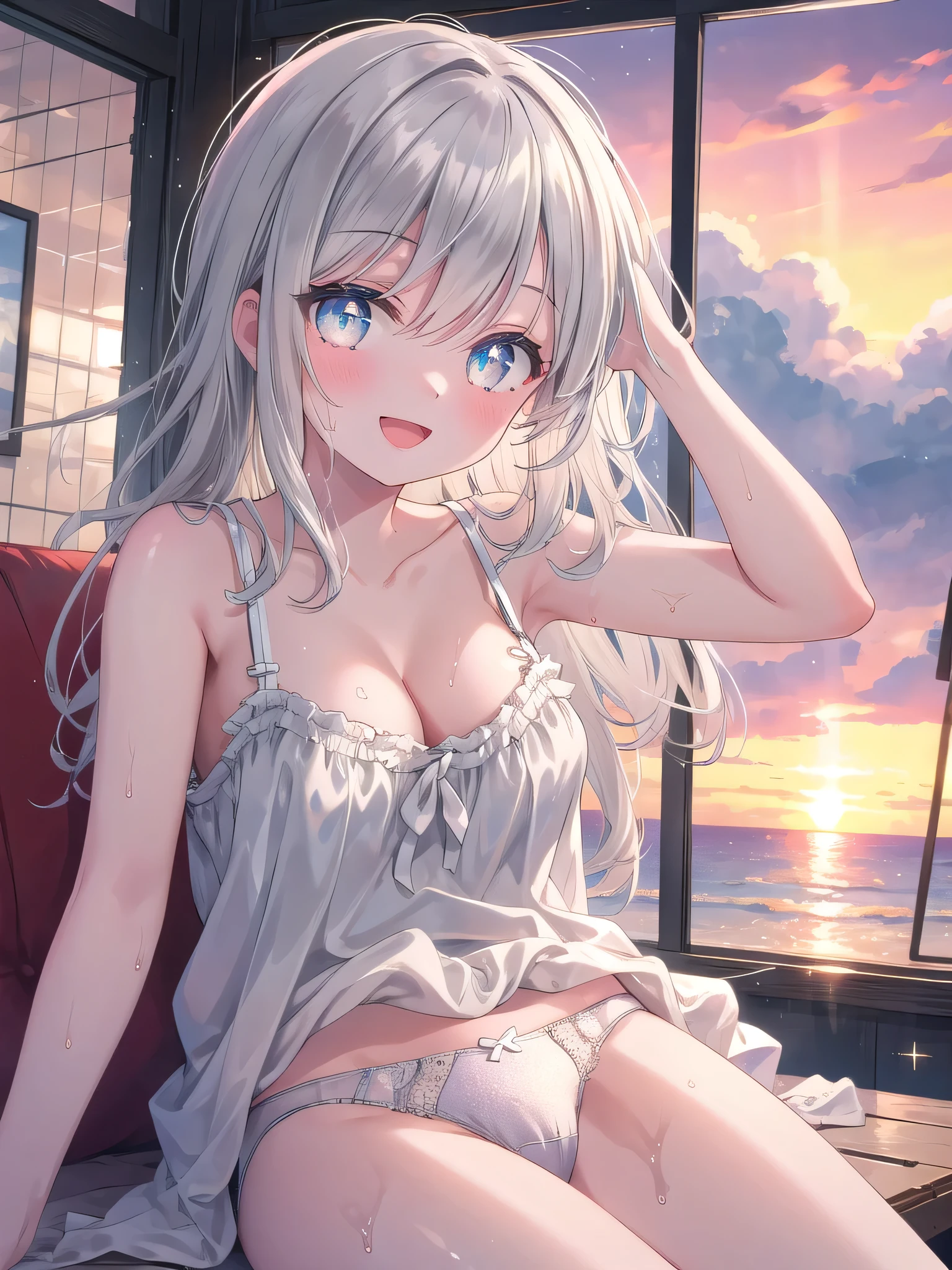 (8K, Highest Quality, Masterpiece:1.3)), Ultra High Quality, (1 girl, 1 person), (Color changing eyes, Ultra detailed, Expressive glow, Sparkling eyes), Very detailed eyes, Very detailed face, Random hair, (Silver gray color), Exposed, Split seat, Casual spring dress, Cotton, Linen, Simple tank top, Angle from below, (Cute :1.3), (Ecstatic expression:1.4), White skin, Seductive, Cleavaganties, Seasidt