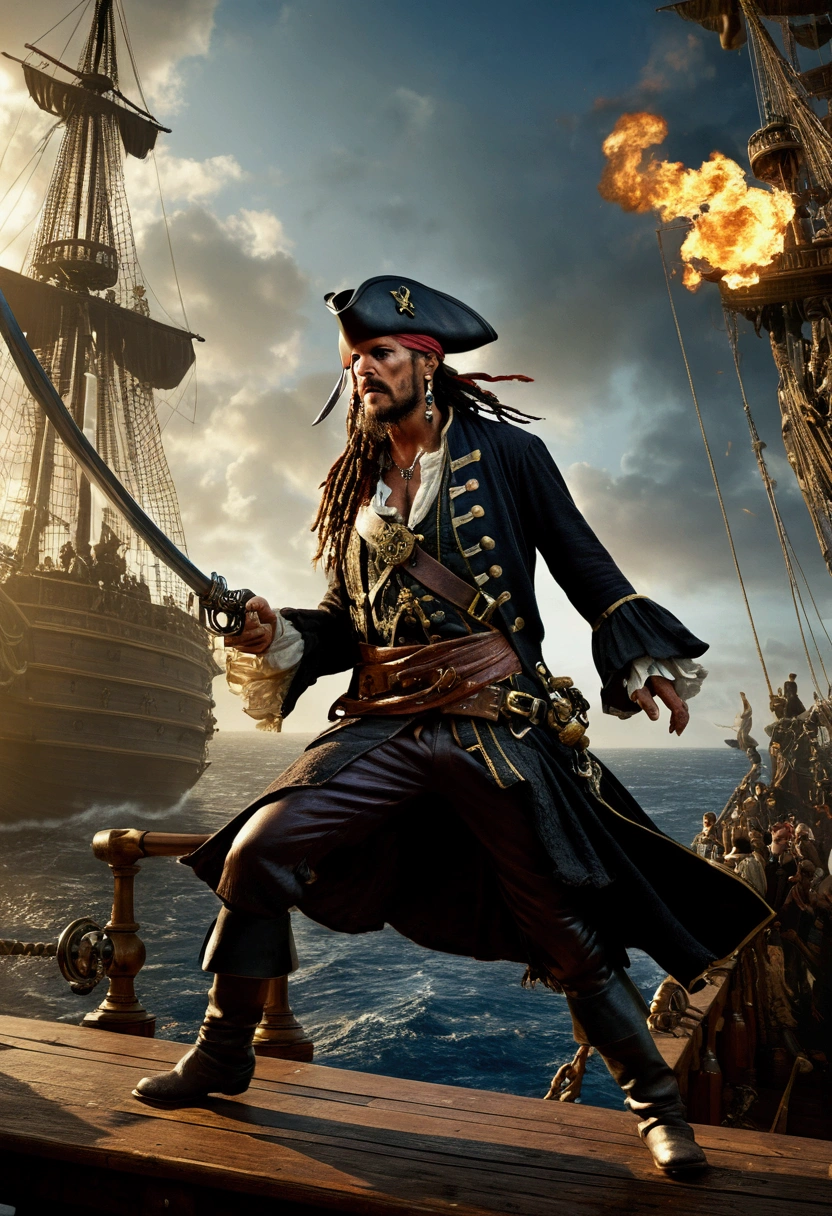 (Pirate War), open fire, Suspended in the air, captivating chiaroscuro, dynamic movement, astropunk, full body, (special effects:0.1), award-winning, cinematic still, emotional, vignette, dynamic, vivid, (masterpiece, best quality, photorealistic, Professional, perfect composition, very aesthetic, absurdres, ultra-detailed, intricate details:1.3)