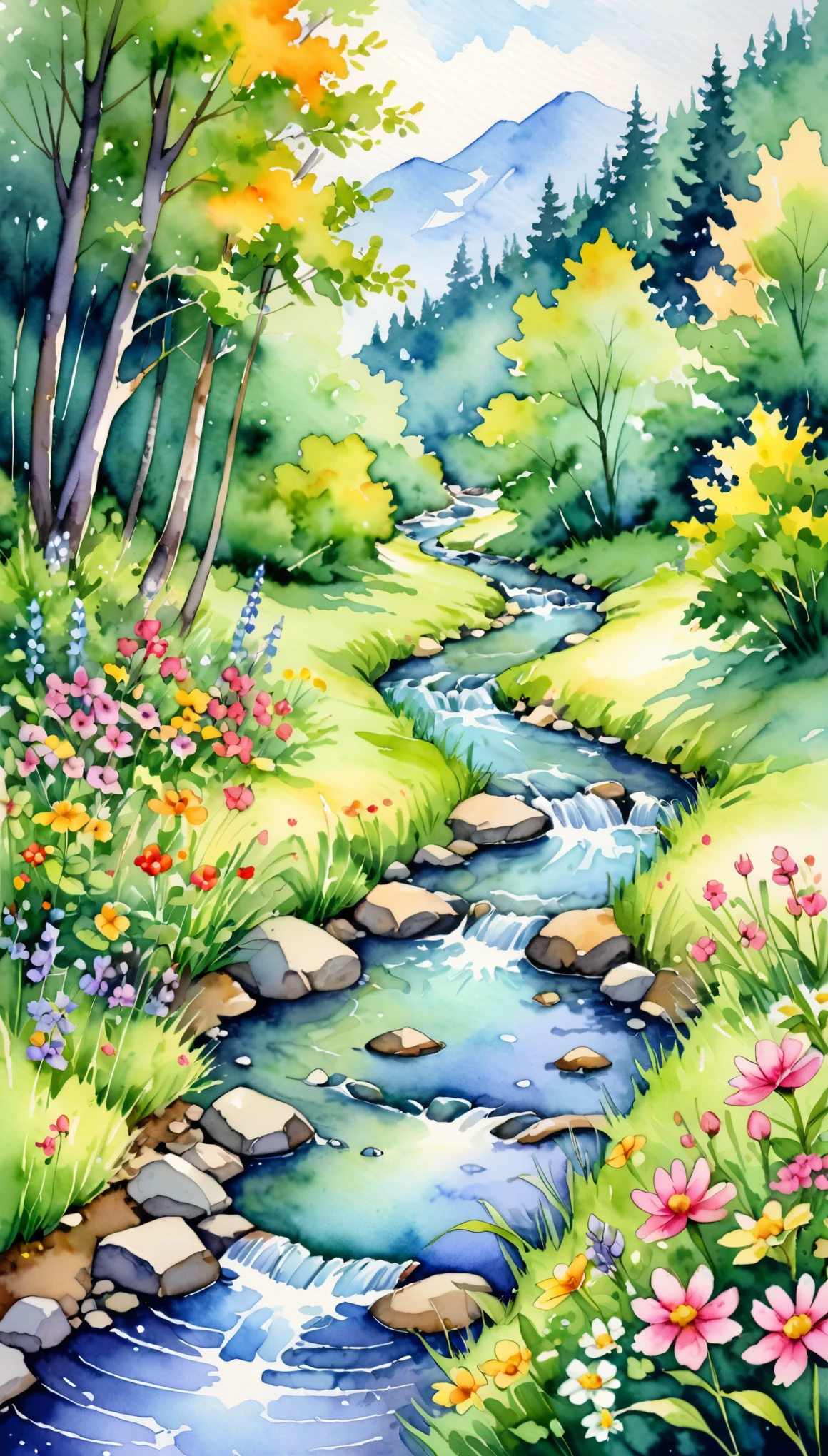 a small stream,Flowing through lush meadows and forests,There are colorful flowers beside the stream,Watercolor。