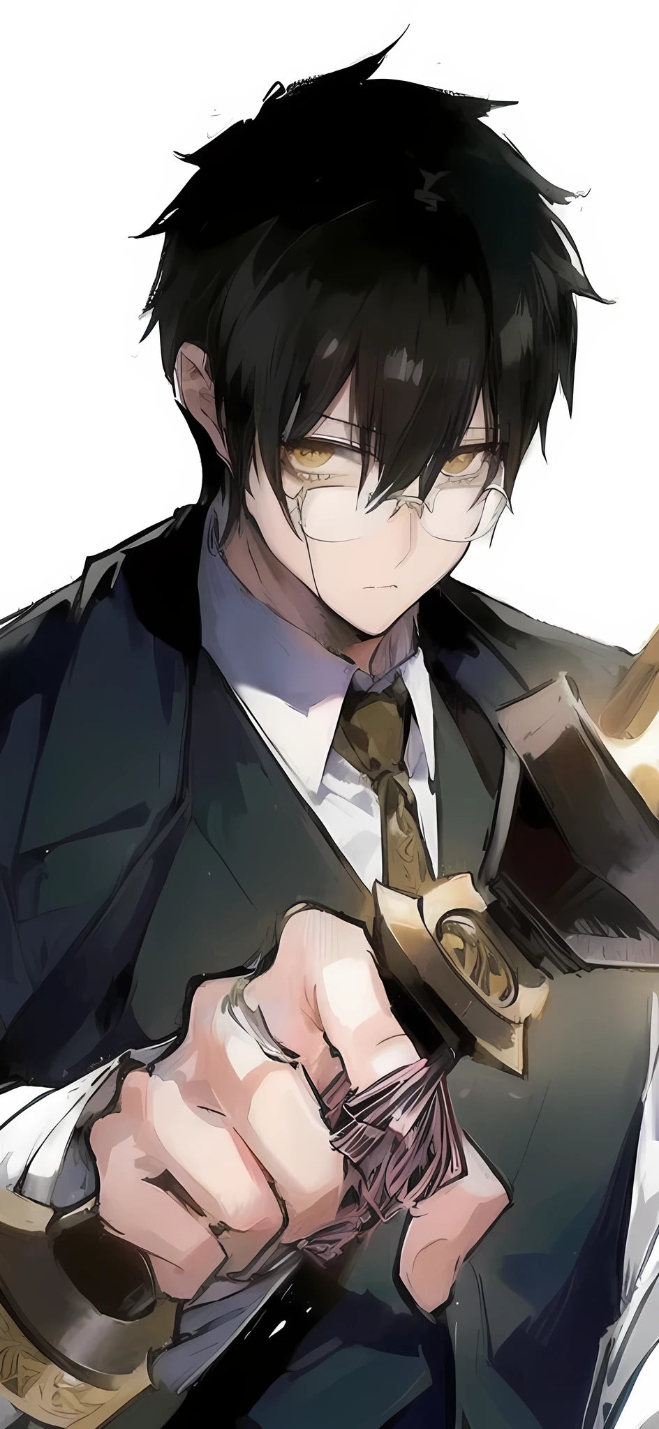Anime man in a suit holds a wand and glasses., His pupils were yellow and had a spiral pattern on top., portrait Kapmoe Yandere grimdark, Inspired by Okumura Masanobu, Kentaro Miura manga art style, Hijikata Toshiro, call anime style, Kentaro Miura style manga, Kapmoe Yandere, Shigenori Zoejima illustration, anime moe art style