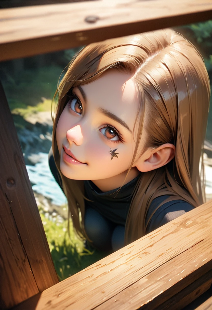 (Highest quality, 8k, 4K, High resolution, masterpiece:1.2), Very detailed, Anime Style:0.9, Realistic, Bright colors, Written boundary depth, Blurred Background, cowboy_shot, alone, 1 female, (Light brown hair, Long Hair, Asymmetrical bangs, Dark brown eyes), Beautiful facial details, Beautiful Eyes, Long eyelashes, Soft lips, (Small face), smile, Squat, Looking up, Camera work from above, bird'S perspective, ((Playboy Bunny, Fishnet tights:1.2, Bunny ears, High Leg, High Leg leotard, 白leotard:1.1, leotard)), bar, night club, night,