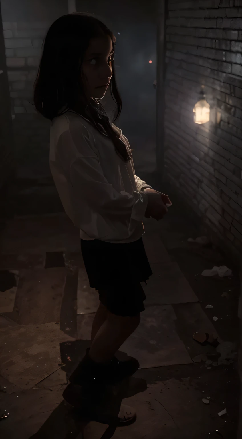 (Best quality, 8k, 32k, Masterpiece, UHD:1.2) "Transform the setting into a haunting scene straight out of a horror movie. In the center, a girl stands, surrounded by ghostly apparitions lurking in the shadows. The atmosphere is thick with a swirling, smoky haze that adds to the eerie ambiance. The ghosts, barely visible, have malevolent expressions and are shrouded in darkness, making their forms indistinct and unsettling. Their eyes gleam with a spectral glow, and their whispers fill the air with an otherworldly chill. The girl, looking fearful yet determined, stands her ground as the supernatural entities close in. The scene exudes a sense of dread and suspense, capturing the terrifying moment when the living confront the spectral horrors of the night."
