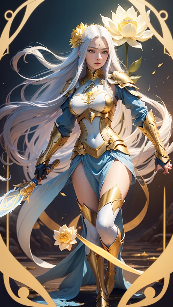 woman with white, oriental, long hair, blue locks, yellow eyes and another blue eye, fair skin, dressed in golden armor with a lotus flower, similar to the armor of Camus from Aquarius of the knights of the zodiac, with a staff, whose tip has a large golden Cylinder, floating on a golden lotus flower