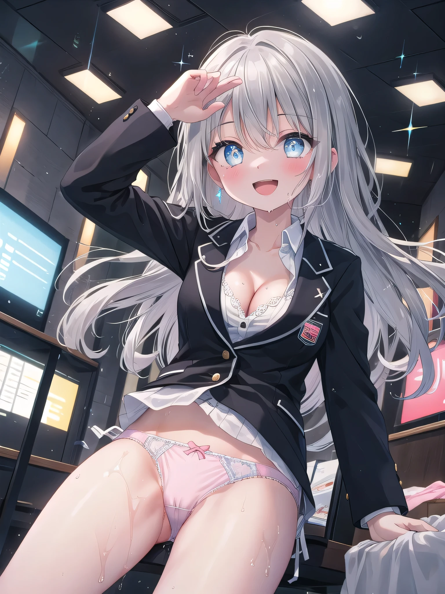 (8K, Highest quality, Masterpiece:1.3)), Ultra high quality, (1 girl, 1 person), (Color changing eyes, Ultra detailed, Expressive glow, Sparkling eyes), Very detailed eyes, Very detailed face, Random hair, (Silver gray color), Exposed, Split seat, Modern business suit, Wool, Cotton, Angle from below, (Cute panties:1.3), (Ecstatic expression:1.4), White skin, Seductive, Cleavage, Wet panties, Company