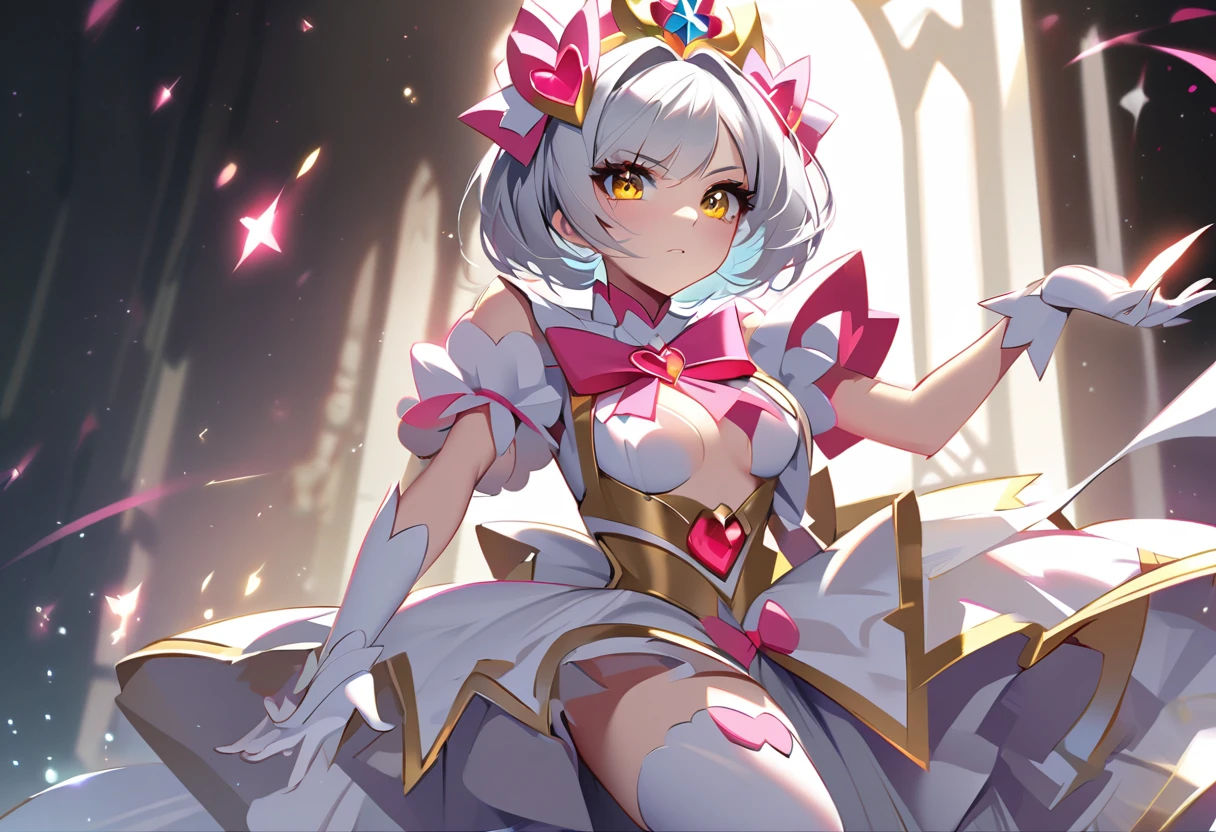 cure holy(magical girl, cool beauty, middle breast, tiara, short hair, silver hair, gold eyes, simple white dress, white long boots, white opera gloves), tracing(take up one hand)