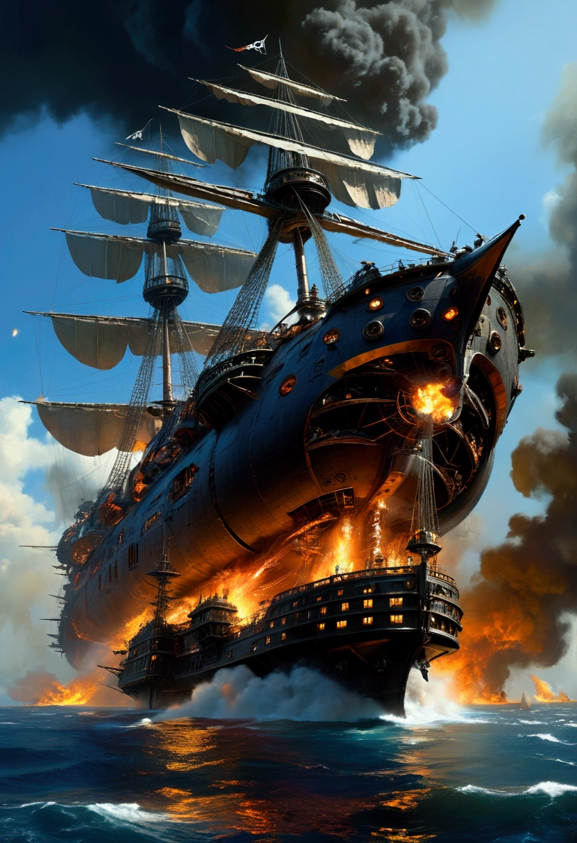 Pirate War, flying ship, fire, astropunk, science fiction, by John_Berkey, cinematic still, chiaroscuro, dynamic, (best quality, masterpiece, photorealistic), very aesthetic, perfect composition, intricate details, ultra-detailed, vivid colors