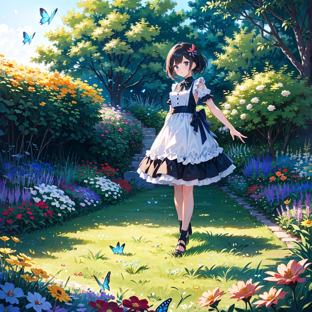 {{{Masterpiece, highest quality, high-resolution background}}}, bright and beautiful atmosphere, 3 girls (, 1 short-tempered round face), small breasts, garden full of various flowers, many beautiful butterflies Flying, a girl chasing a butterfly, a butterfly landing on a mini pig's head, a mini pig looking at flowers, "deltamon_sdXL :0.73) >Deltamon"