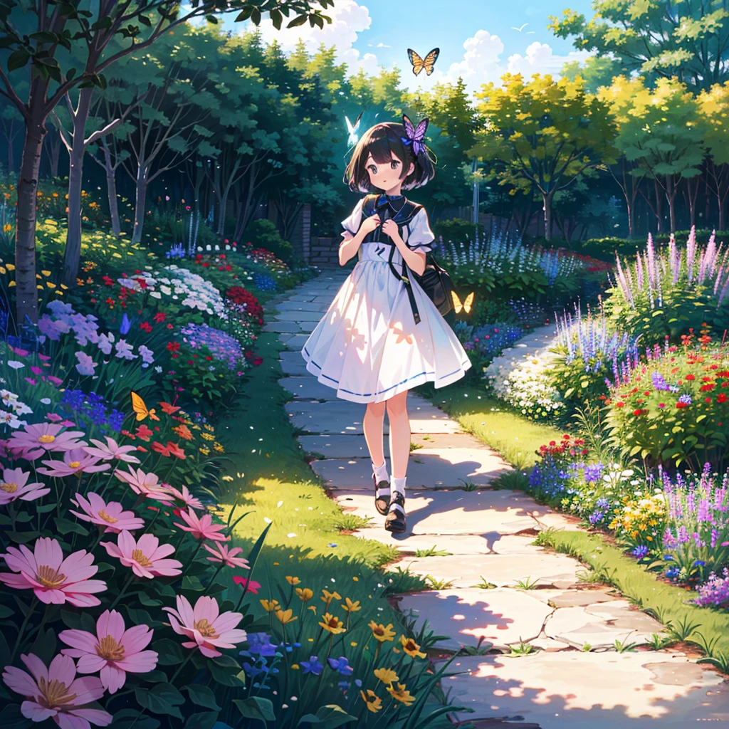 {{{Masterpiece, highest quality, high-resolution background}}}, bright and beautiful atmosphere, 3 girls (2 years old, 1 short-tempered round face), small breasts, garden full of various flowers, many beautiful butterflies Flying, a girl chasing a butterfly, a butterfly landing on a mini pig's head, a mini pig looking at flowers, "deltamon_sdXL :0.73) >Deltamon"