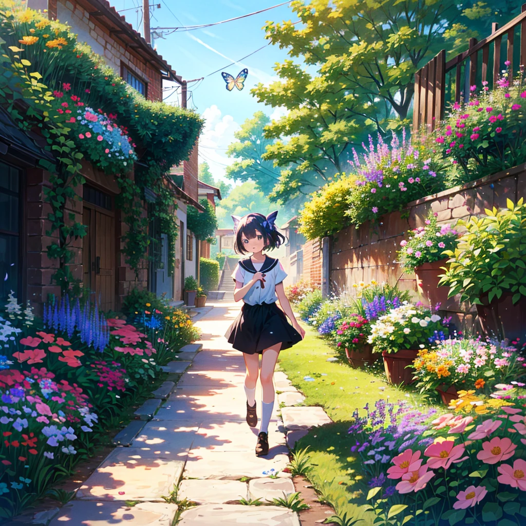 {{{Masterpiece, highest quality, high-resolution background}}}, bright and beautiful atmosphere, 3 girls (, 1 short-tempered round face), small breasts, garden full of various flowers, many beautiful butterflies Flying, a girl chasing a butterfly, a butterfly landing on a mini pig's head, a mini pig looking at flowers, "deltamon_sdXL :0.73) >Deltamon"