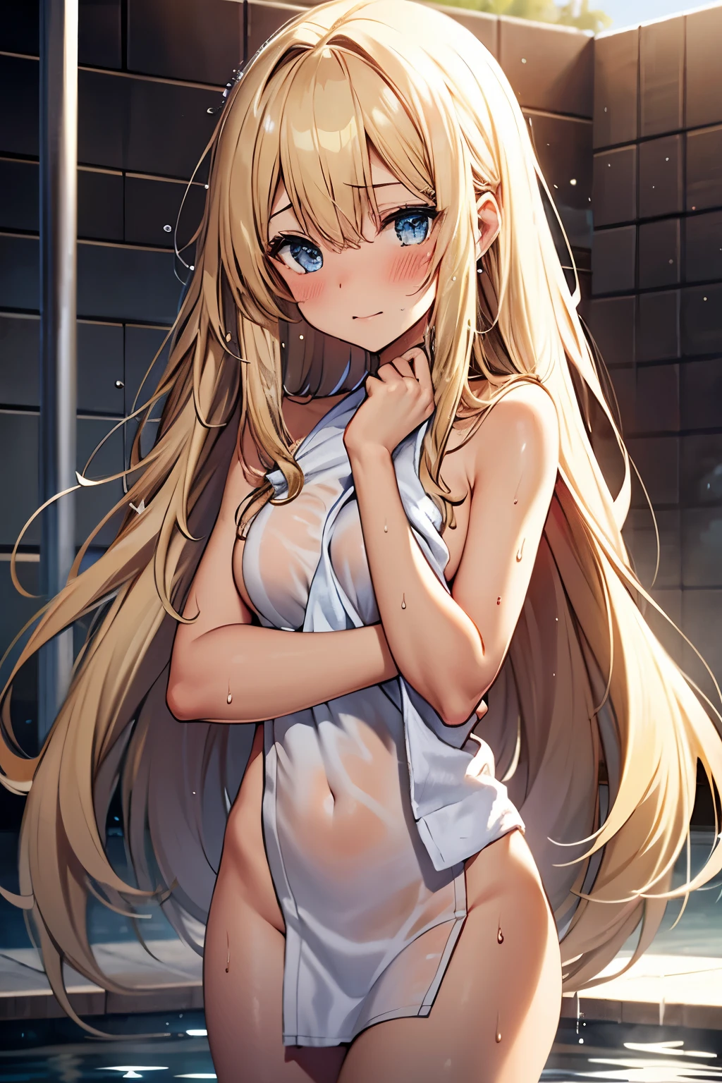 naked blonde anime girl with blue eyes and fox ears wearing a necklace, wet hair, nfsw, shower, innocent expression, crotch
