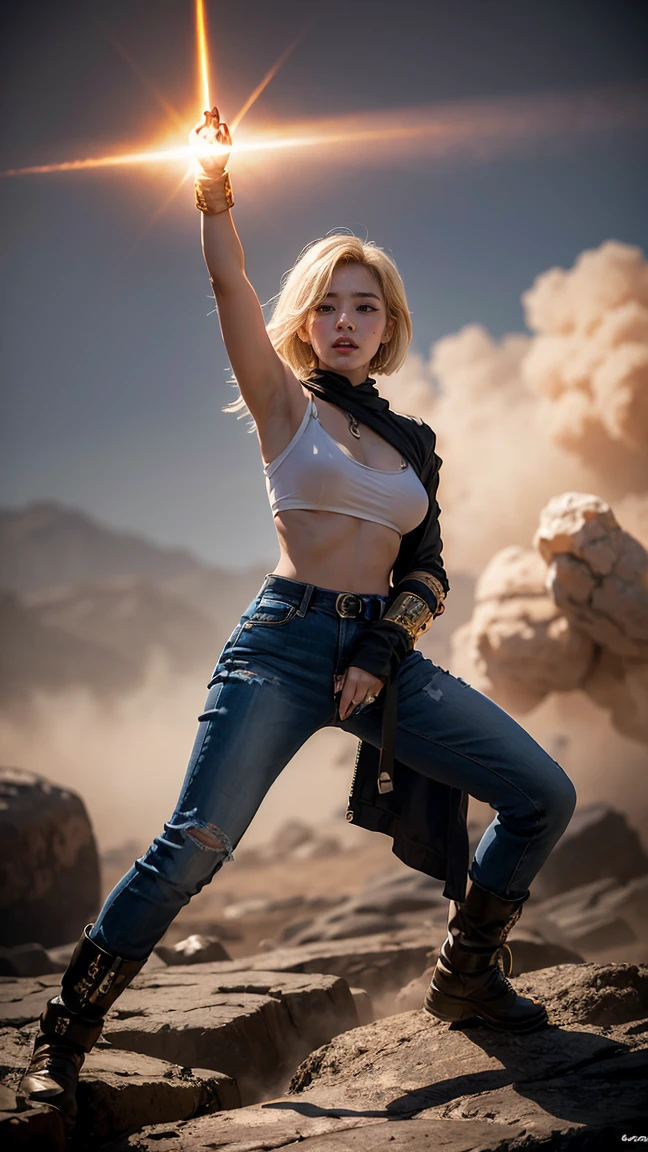 "Depict Android 18 in a battle-ready stance, wearing her classic outfit with a determined expression, no having clothes,have massive k-cups, in a rocky wasteland with dust clouds and energy auras surrounding her."