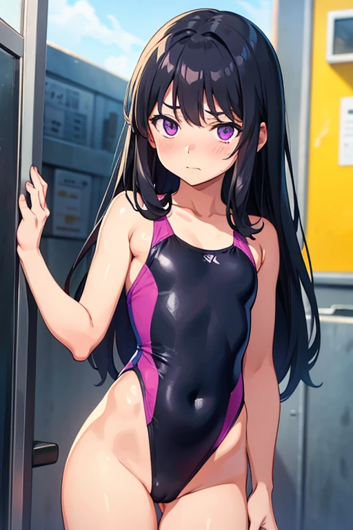 Elementary school girl, 8-year-old, Flat Chest, Black Hair, Long Hair, Purple eyes, Embarrassed expression (One person) Yellow competition swimsuit girl'S Room Standing Dynamic Angle